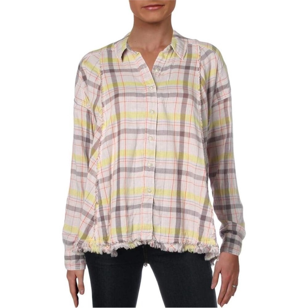 We The Free Cotton Button-up Blouse Size L with Raw Hem